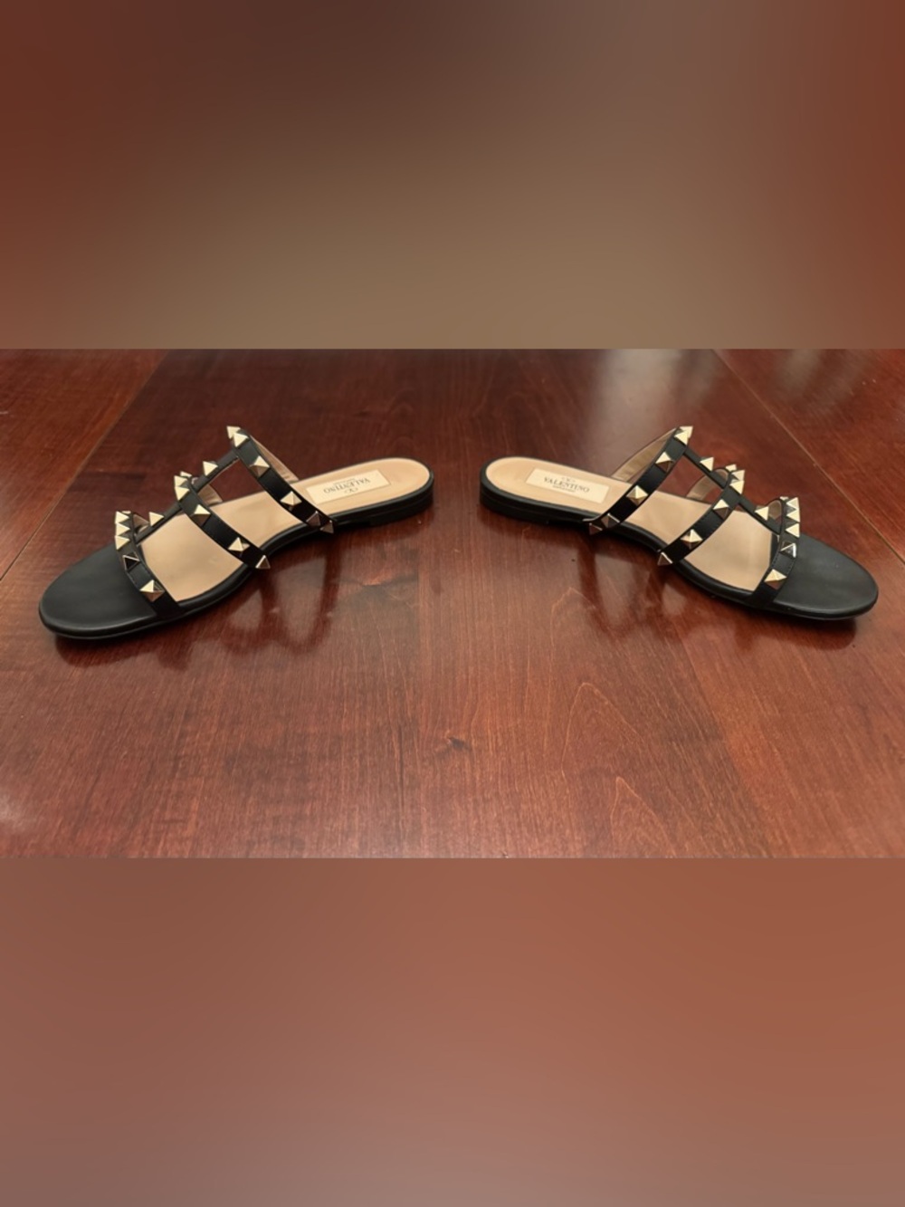 Valentino Garavani Black Leather Rockstud Triple-Strap Slide Sandals